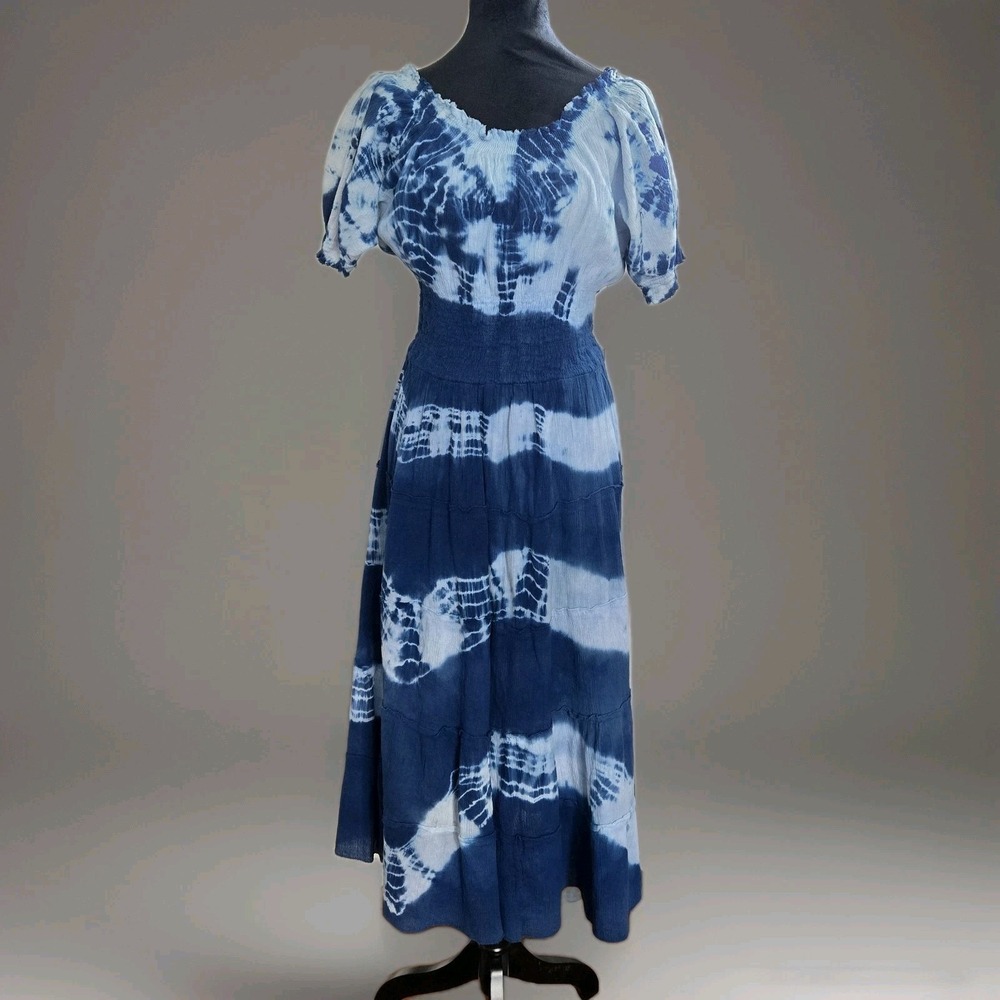 Women's Maxi Dress Sz OS Blue Casual Tie Dye Printed Tiered Smocked Waist